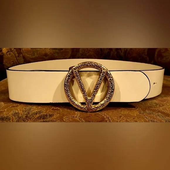?LIKE NEW? Valentino Belt Gold Hammered V Logo Valentino Vlogo Hammered Buckle Reversible Wide Signature  main image 2
